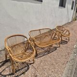 Rattan lounge two armchairs and a vintage bench 1950s