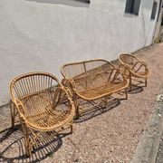 Rattan lounge with two armchairs and a vintage 1950s bench.