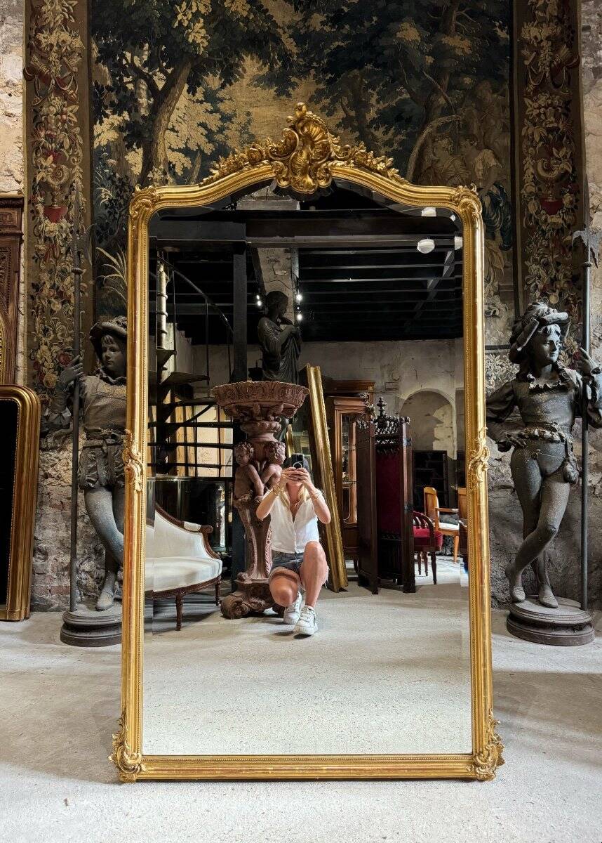 Napoleon III Period Fireplace Mirror in Gilded Wood with Louis XV Style Leaf