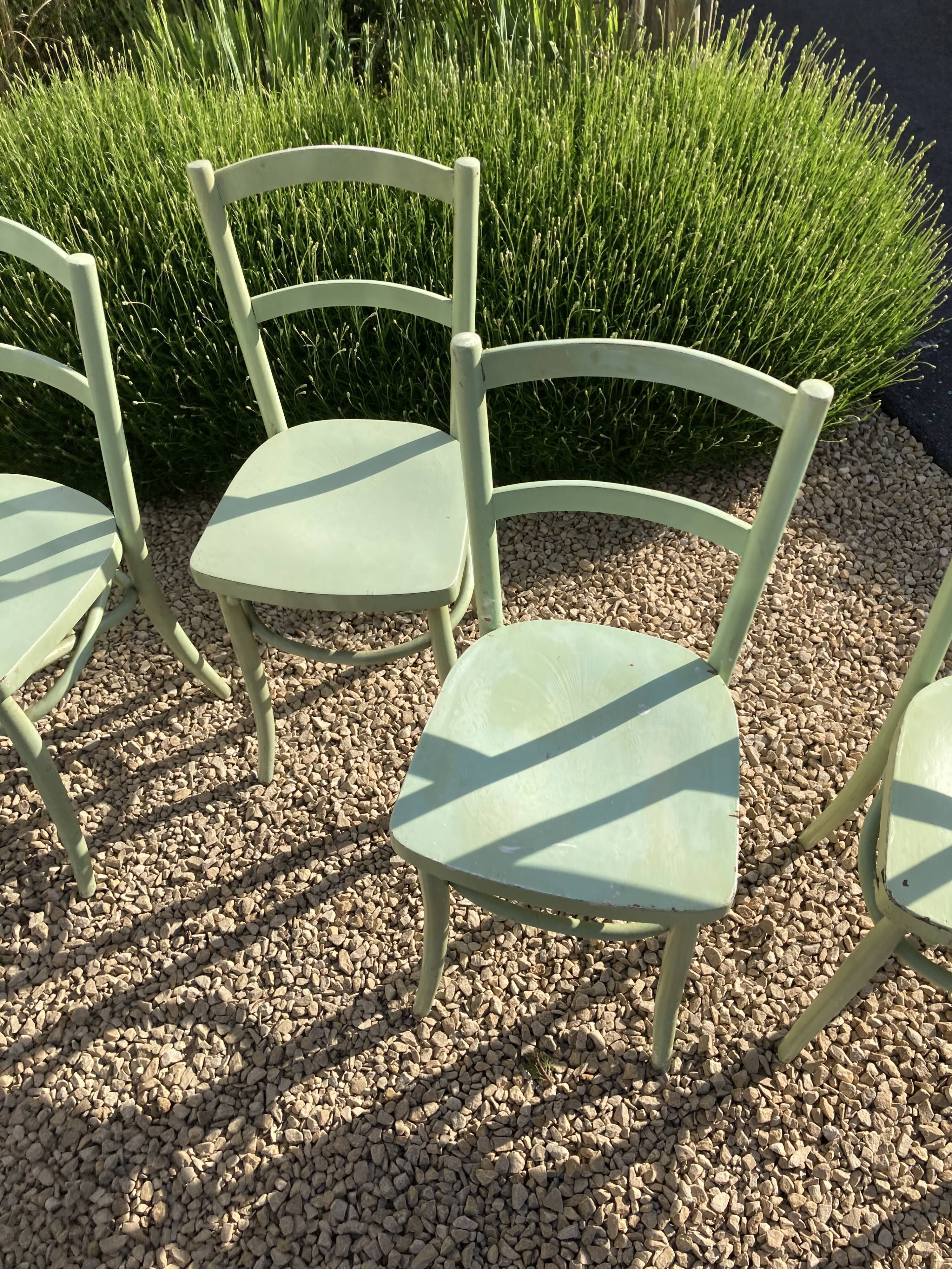 Set of 6 green patinated bistro chairs