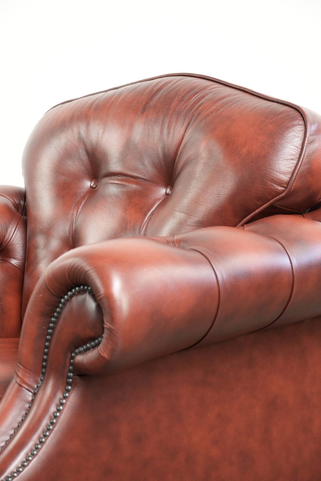 Cowhide chesterfield armchair in a warm brown colour with decorative nails