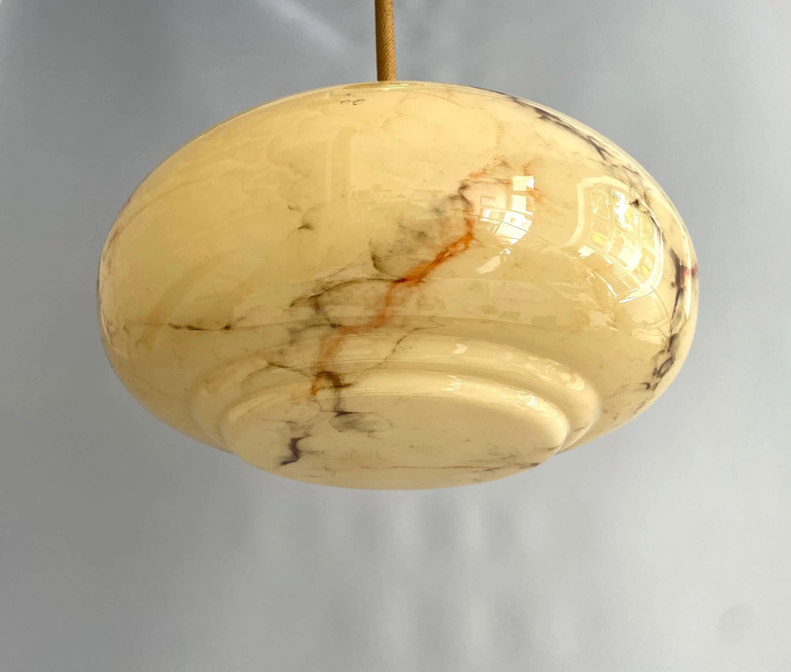 Art Deco Suspension with Beige Glass Shade and Twisted Stem - circa 1920-1930