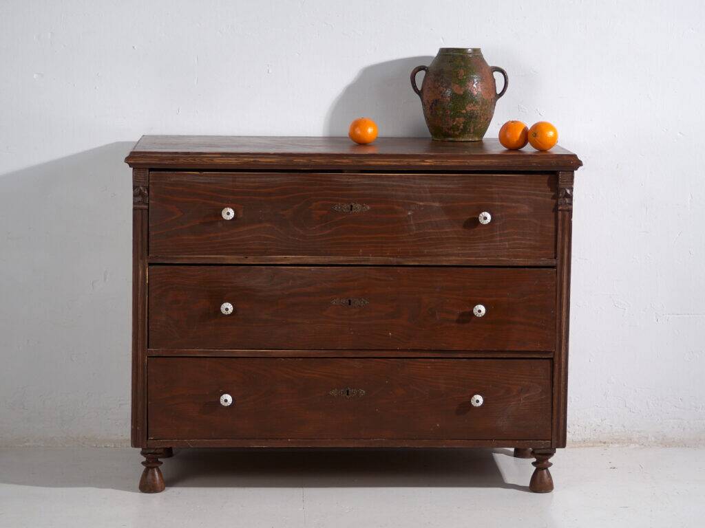 Antique solid pine chest of drawers – European rustic furniture with ceramic handles – circa 1900