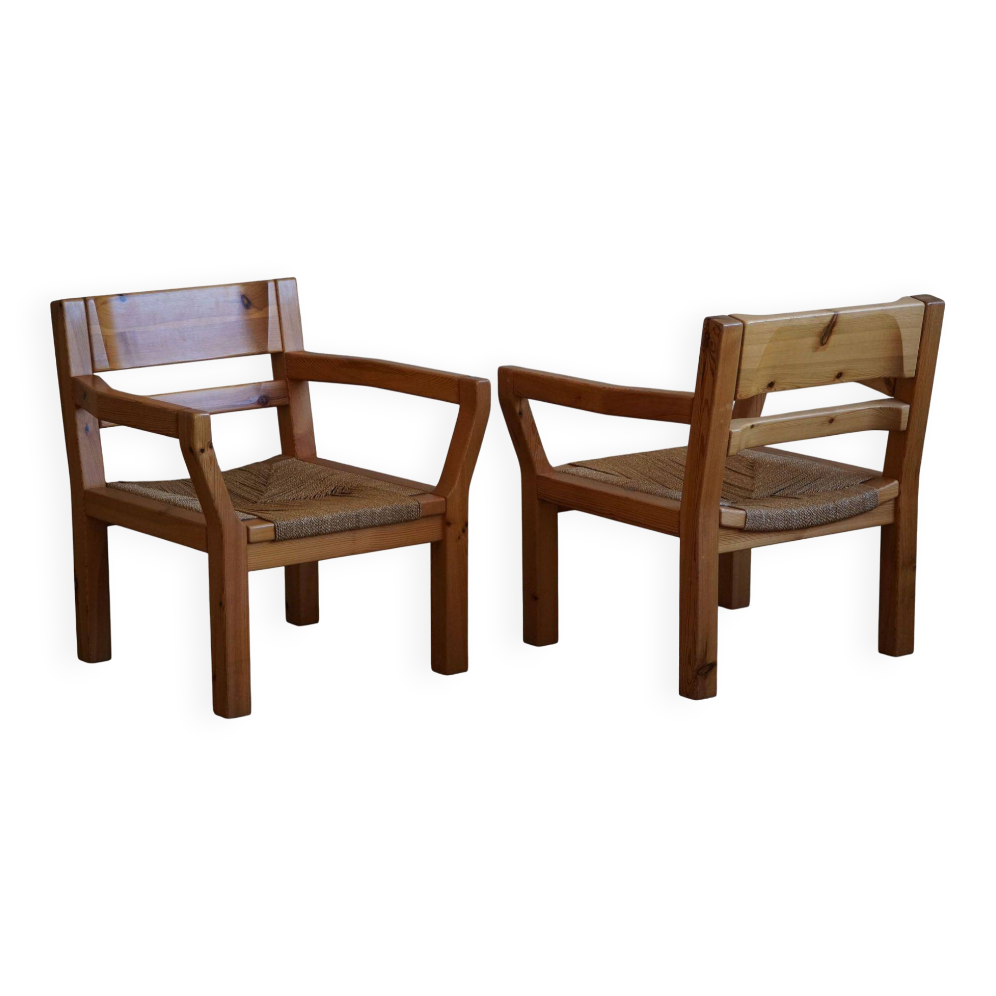 Tage Poulsen, a pair of brutalist chairs in pine and cord, Danish modern style, 1970s.