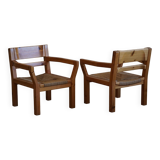 Tage Poulsen, a pair of brutalist chairs in pine and cord, Danish modern style, 1970s.