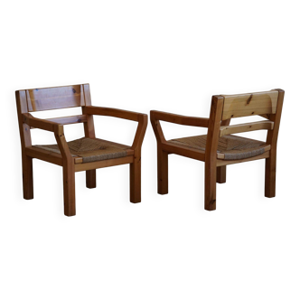 Tage Poulsen, a pair of brutalist chairs in pine and cord, Danish modern style, 1970s.
