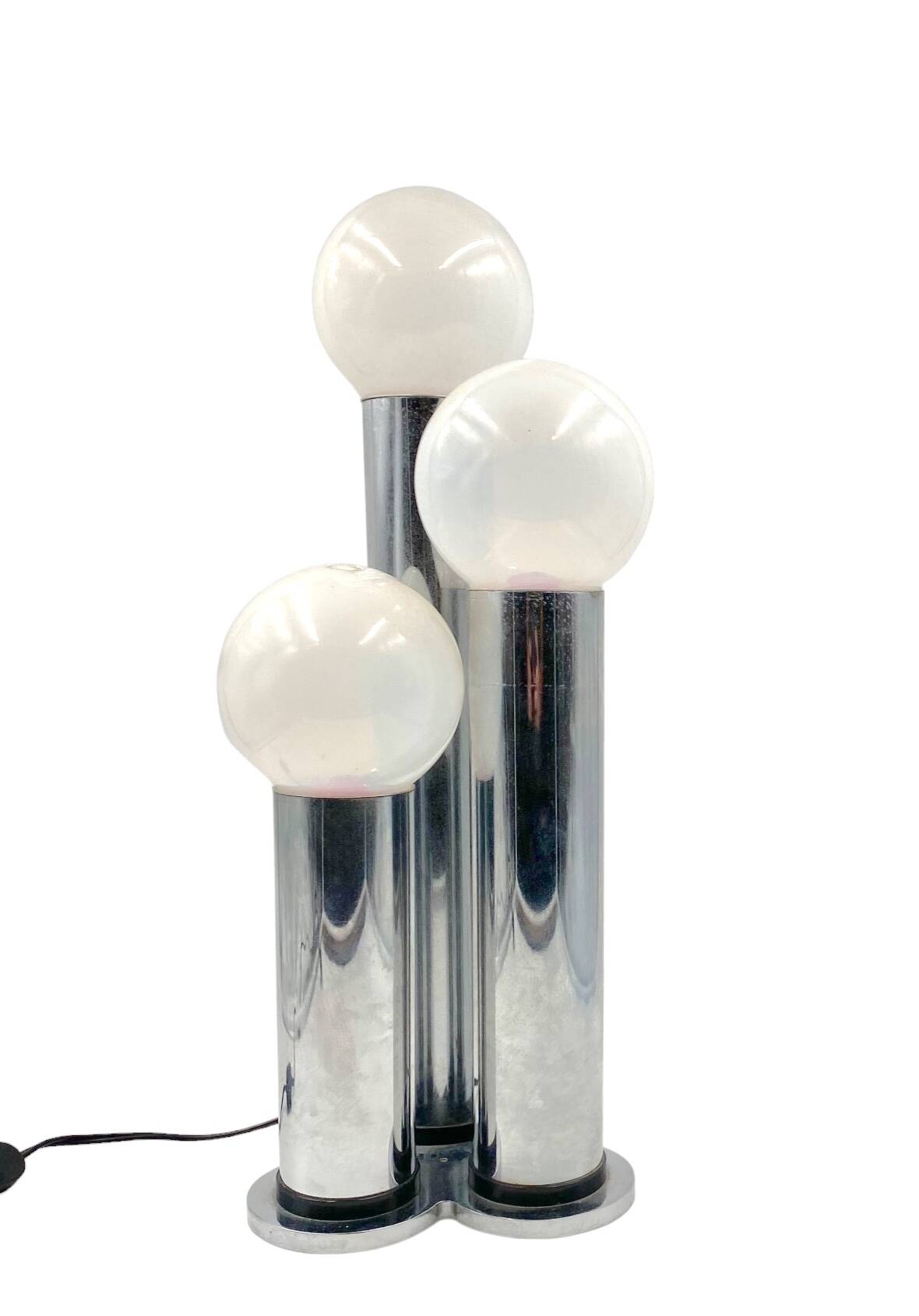 Hollywood regency 3 lights metal and opaline glass table lamp, Lama, Italy 1970s