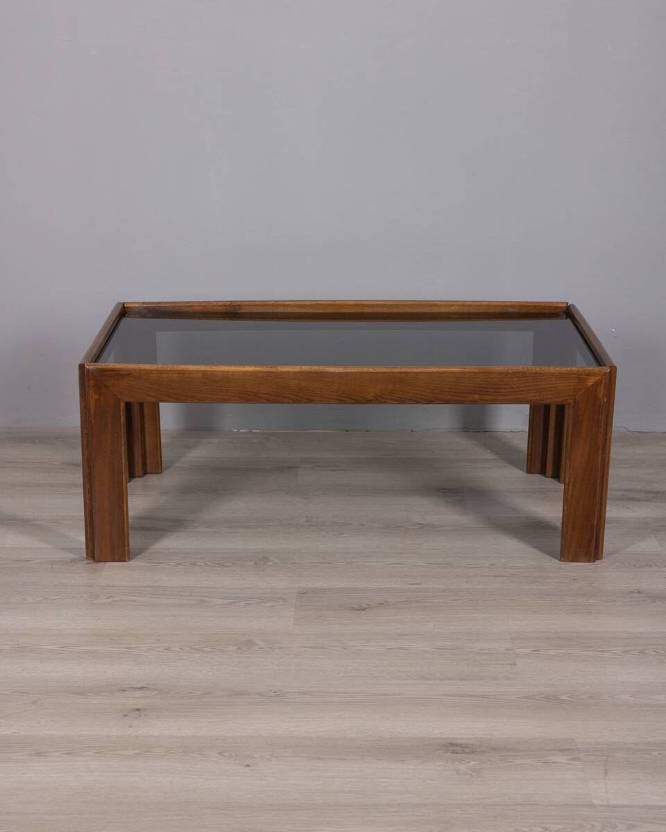 Vintage 1970s coffee table in wood and smoked glass, Italian design