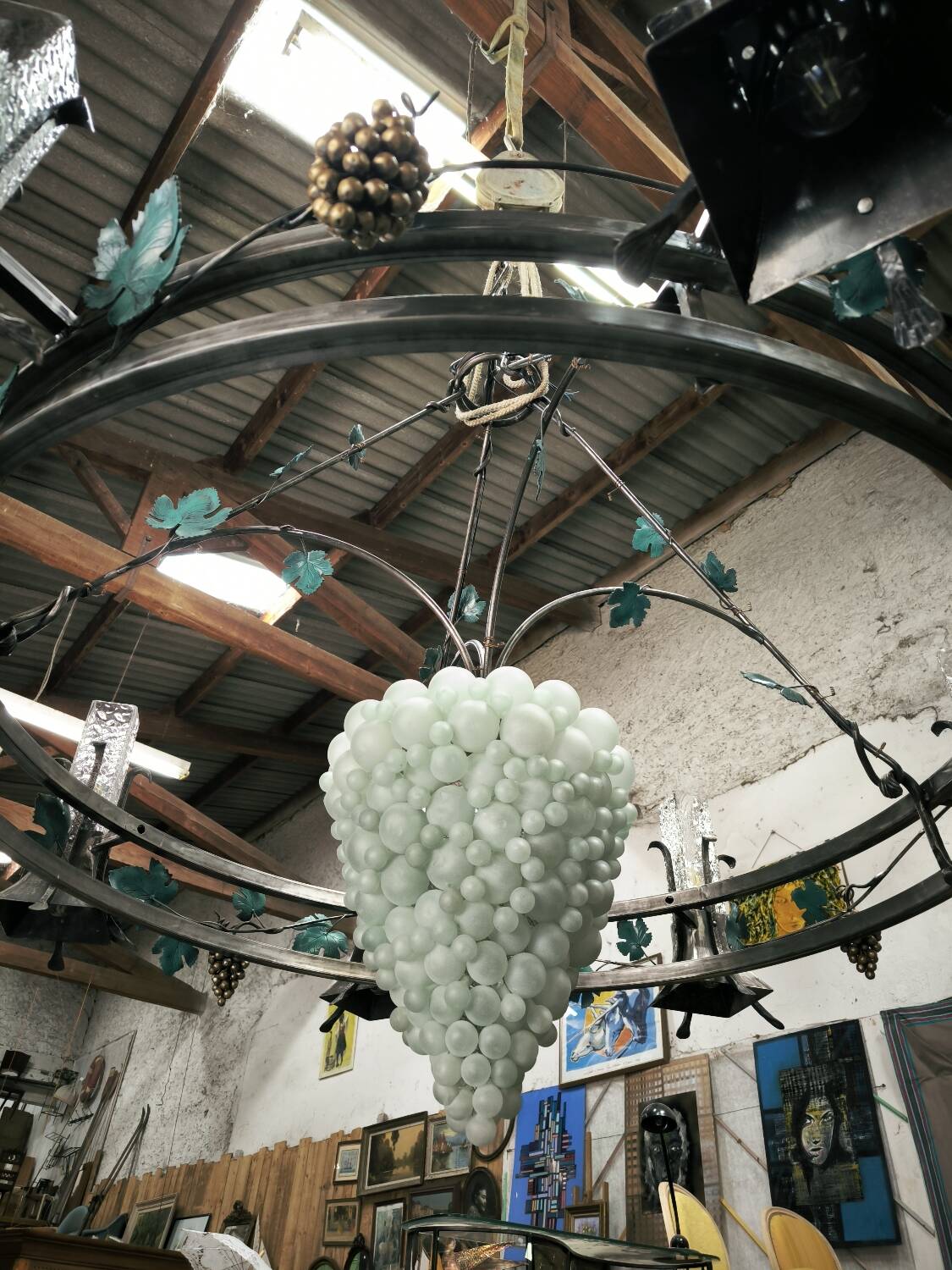 Large, heavy wrought iron and glass chandelier, circa 1980/90