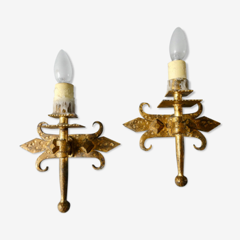 Pair of gold metal wall lamps Ferro Arte, 60s-70s