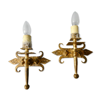 Pair of gold metal wall lamps Ferro Arte, 60s-70s