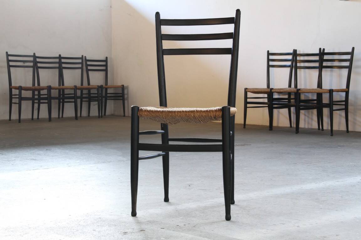 Vintage set of 8 Italian papercord black dining chairs, woven seat, 1950s