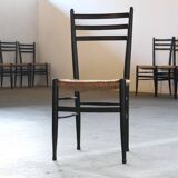 Vintage set of 8 Italian papercord black dining chairs, woven seat, 1950s