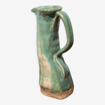 Green glazed stoneware pitcher, brutalist pitcher, signed pitcher