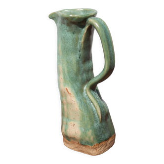 Green glazed stoneware pitcher, brutalist pitcher, signed pitcher