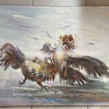 Huile sur toile, combat de coq signature à identifier