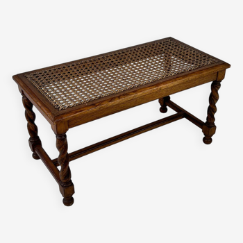 Antique Small Oak and Cane Bench/Stool, 1930s