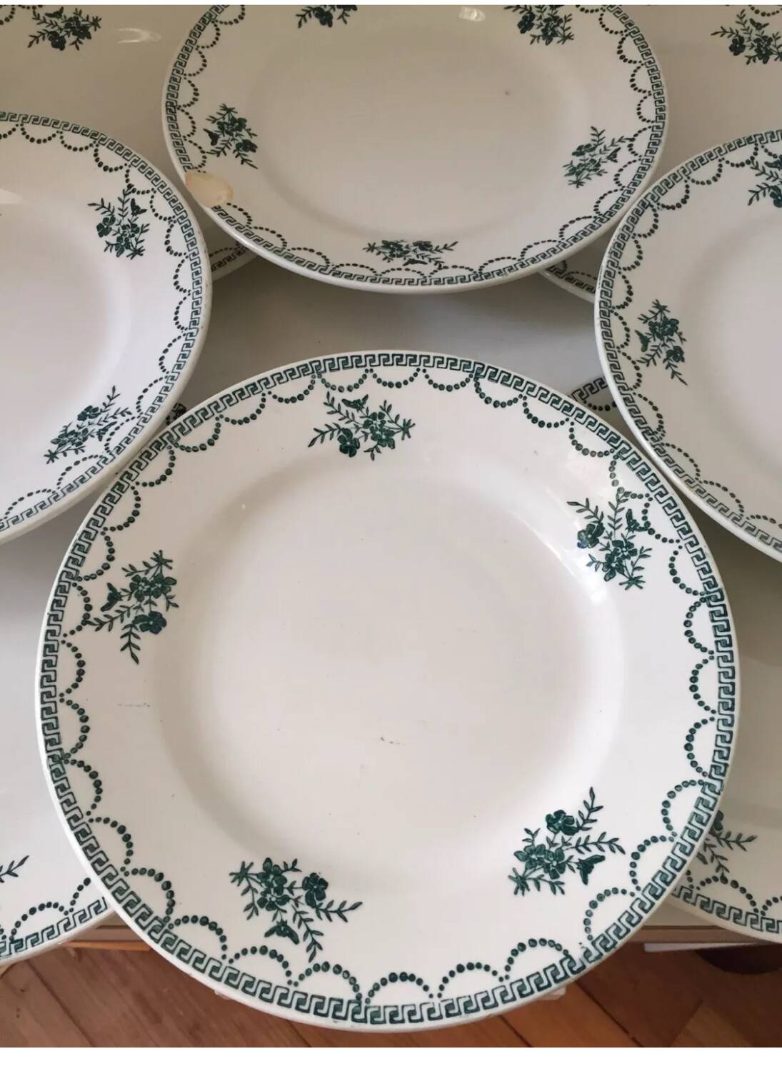 Suite assiettes Terre de Fer décor vert fleurettes St Amand