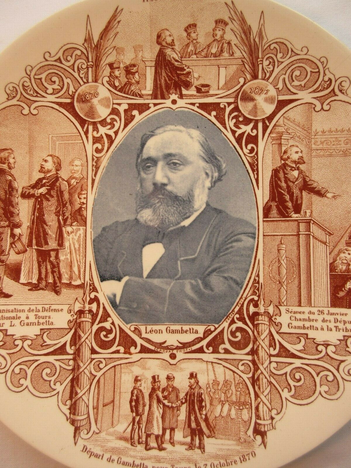 Plate Old Sarreguemines Minister Léon Gambetta 19th