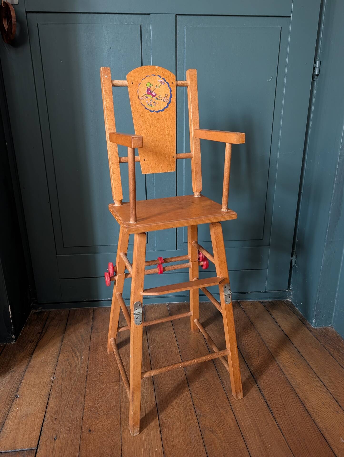 Doll high chair in wood – 1970s, foldable and on wheels