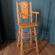 Doll high chair in wood – 1970s, foldable and on wheels