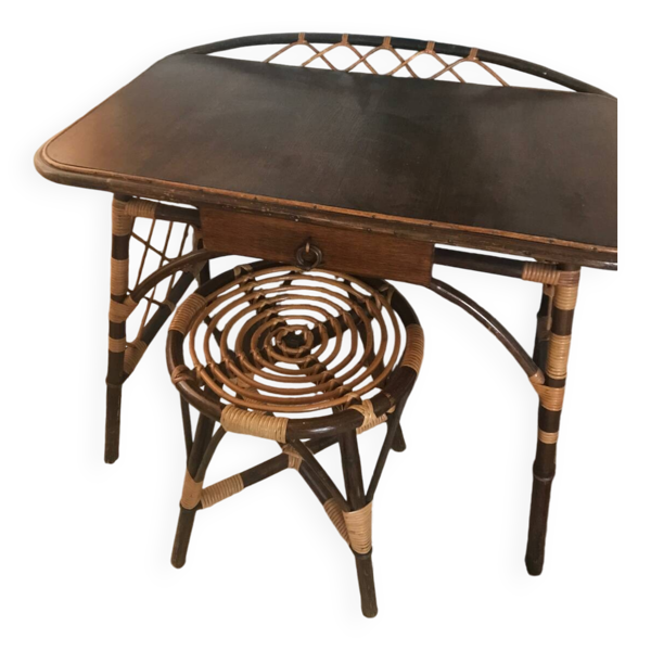 Bureau et tabouret rotin