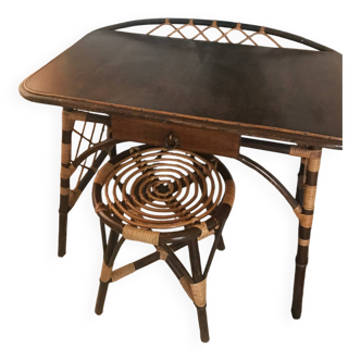Bureau et tabouret rotin