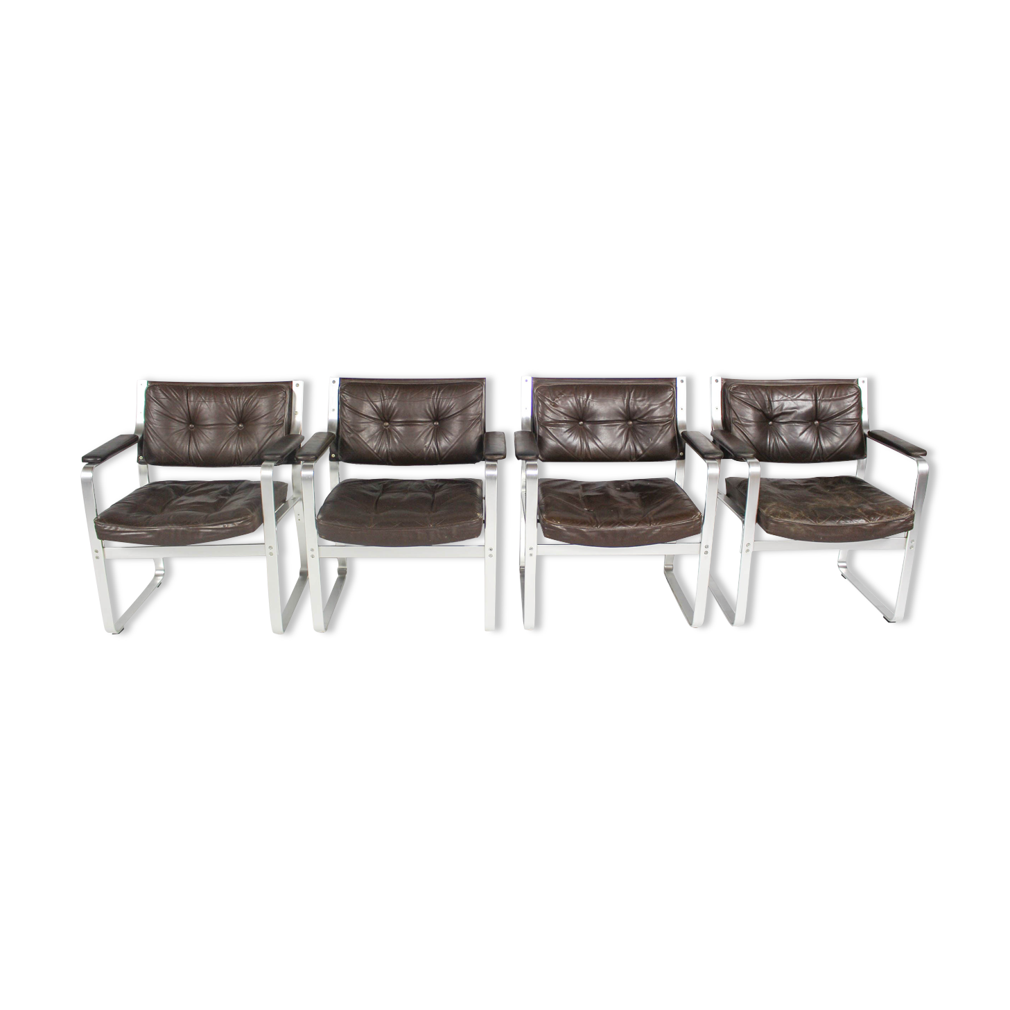 Swedish Mid Century Leather And Aluminum Armchairs By Karl Erik Ekselius For Joc Vetlanda, Set Of 4