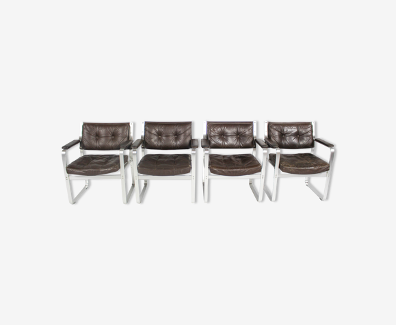 Fauteuils suédois en cuir et en aluminium du milieu du siècle par Karl Erik Ekselius pour Joc Vetlanda, set de 4