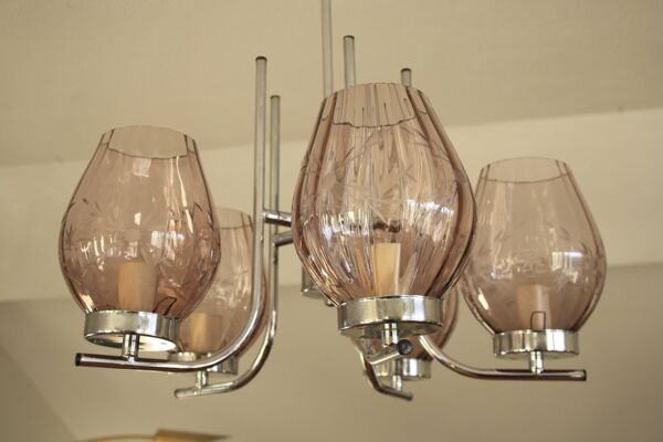 Lustre en metal chromé & verres ciselés