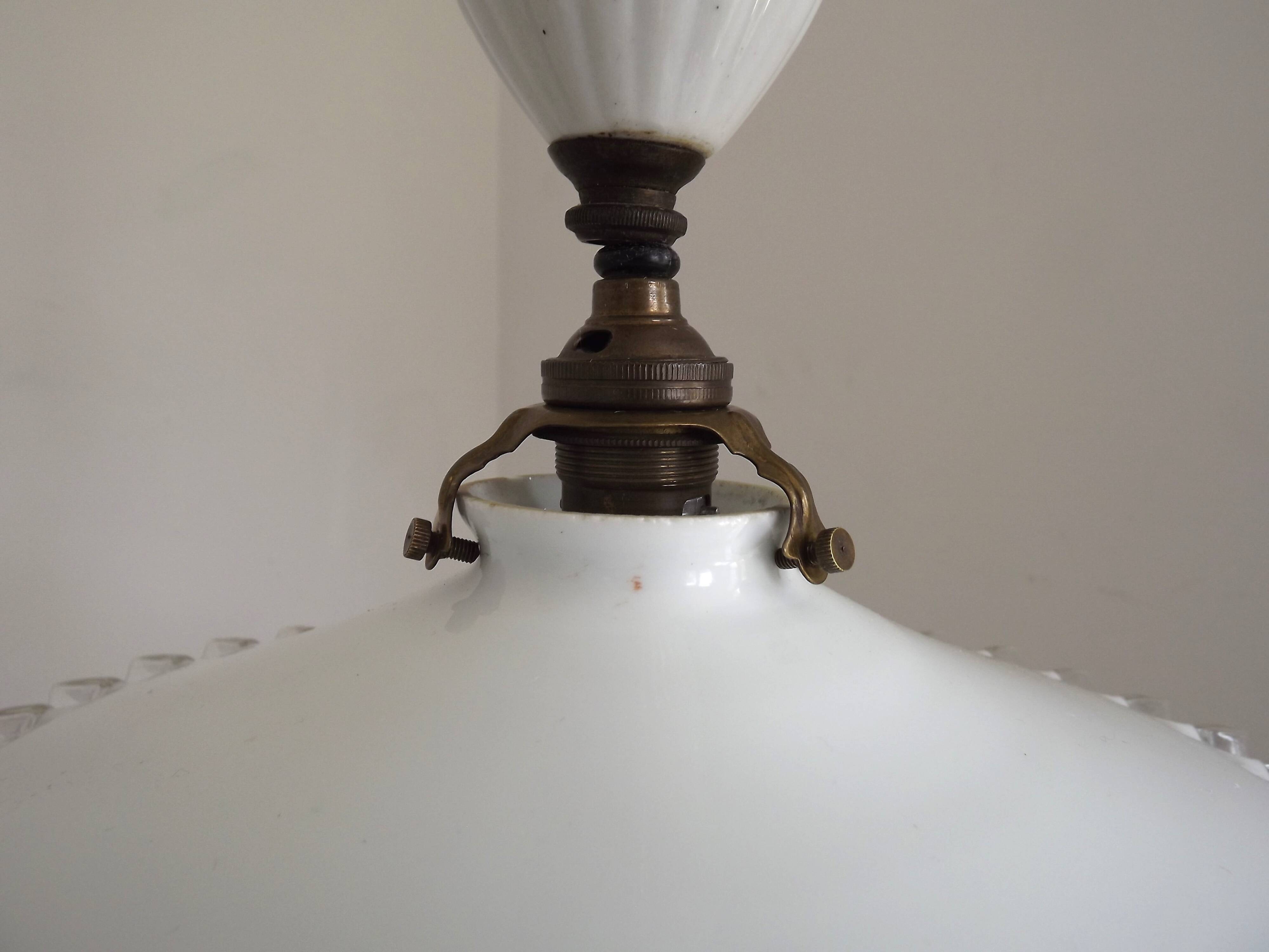 French Counter Balance Ceiling Light White Porcelain & Opaline Glass Shade
