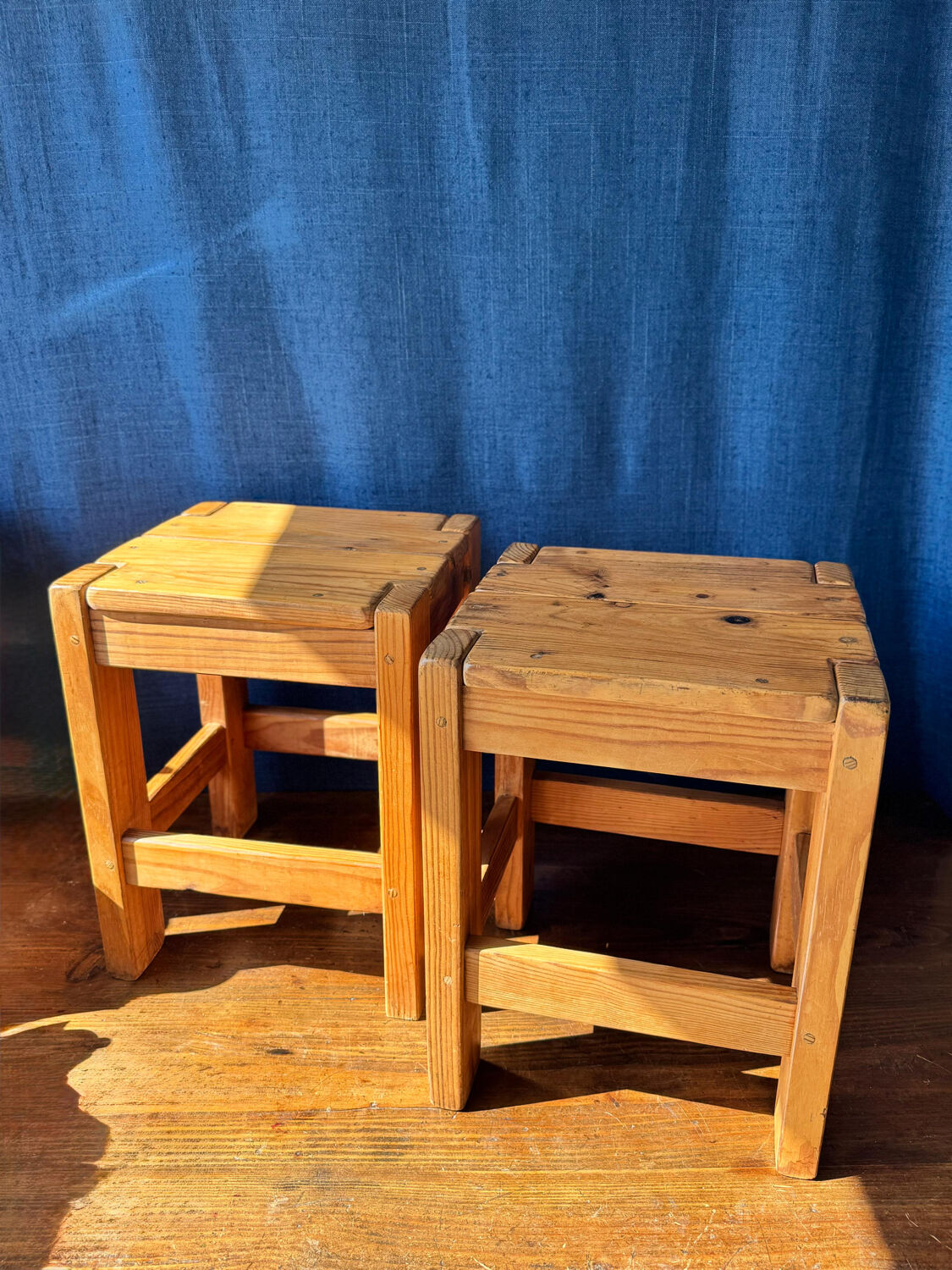 Pair of vintage larch stools, 1960s/70s