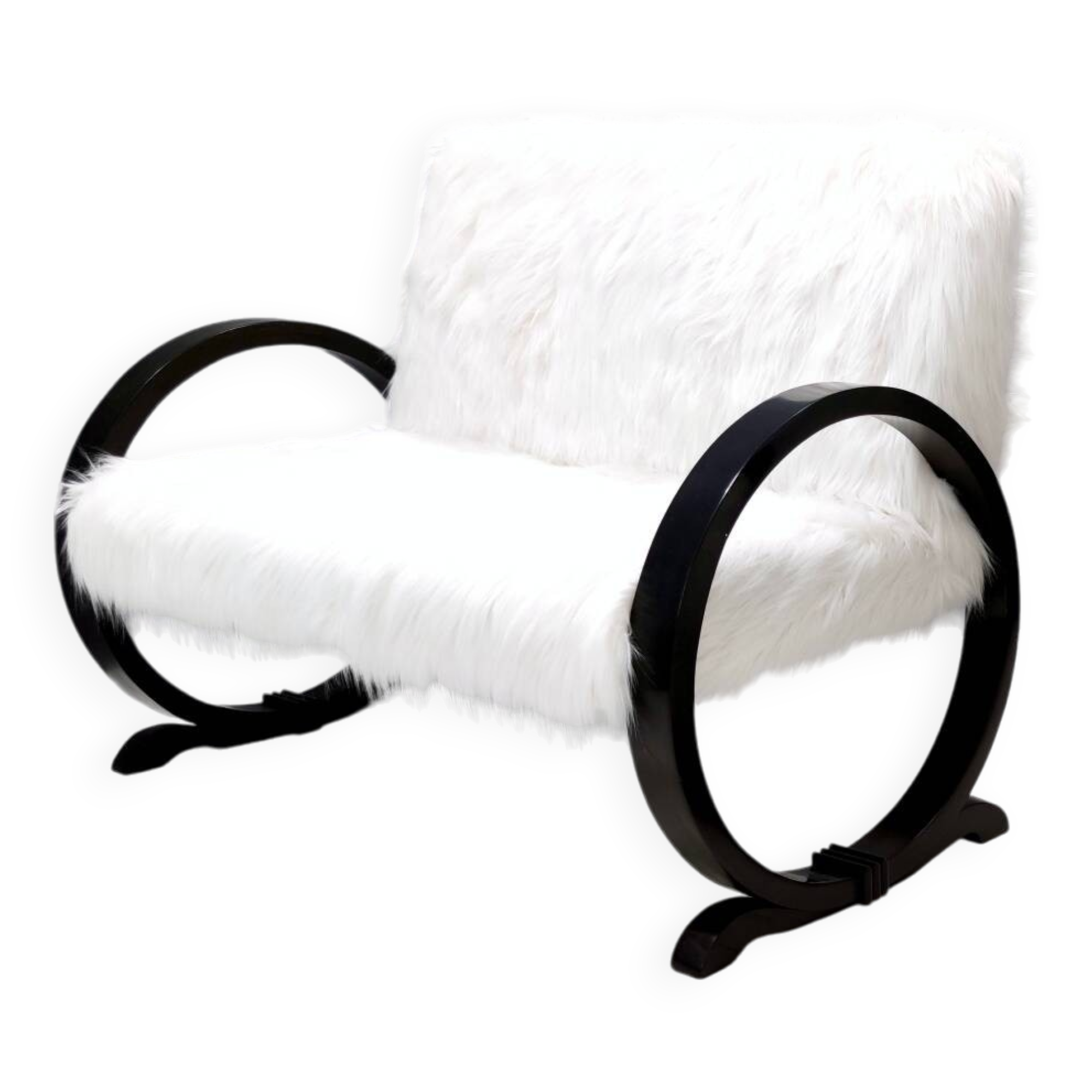 Vintage White Faux Fur Sofa with Black Wooden Frame, Italy