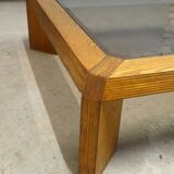 large coffee table in oak and smoked glass, 1970