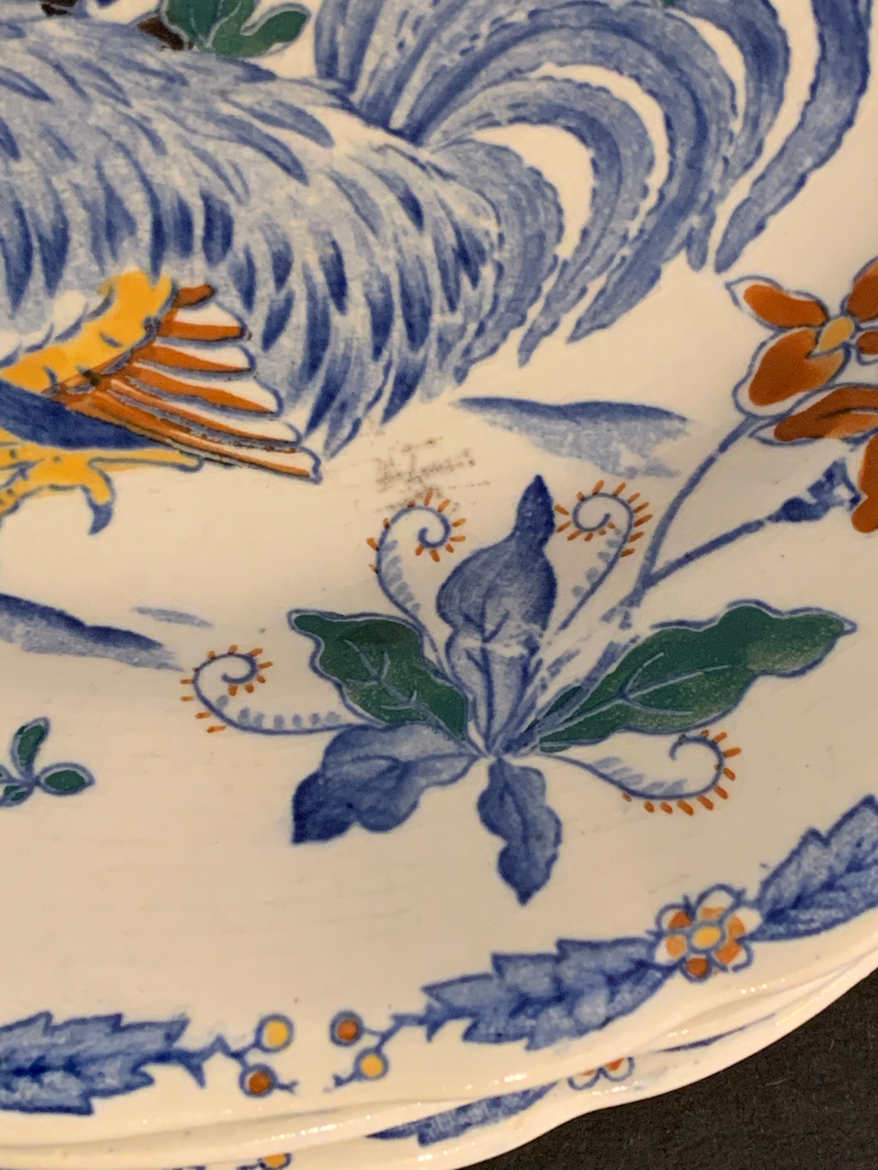 11 flat plates Rooster with Peonies, Gien earthenware