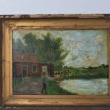 Peinture ancienne signée et datée, paysage animé, peinture à l’huile sur panneau de bois