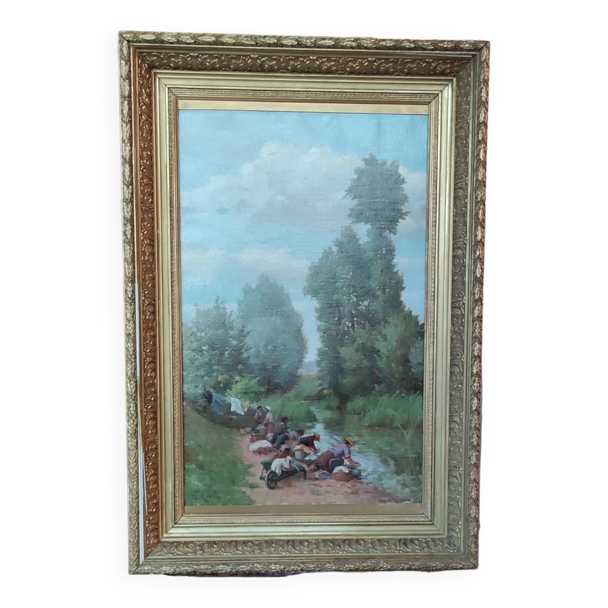 Old Canvas Oil Painting/Scene Of Life/The Washerwomen/Signed M.Merlin