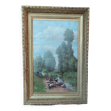 Old Canvas Oil Painting/Scene Of Life/The Washerwomen/Signed M.Merlin