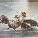 Huile sur toile, combat de coq signature à identifier