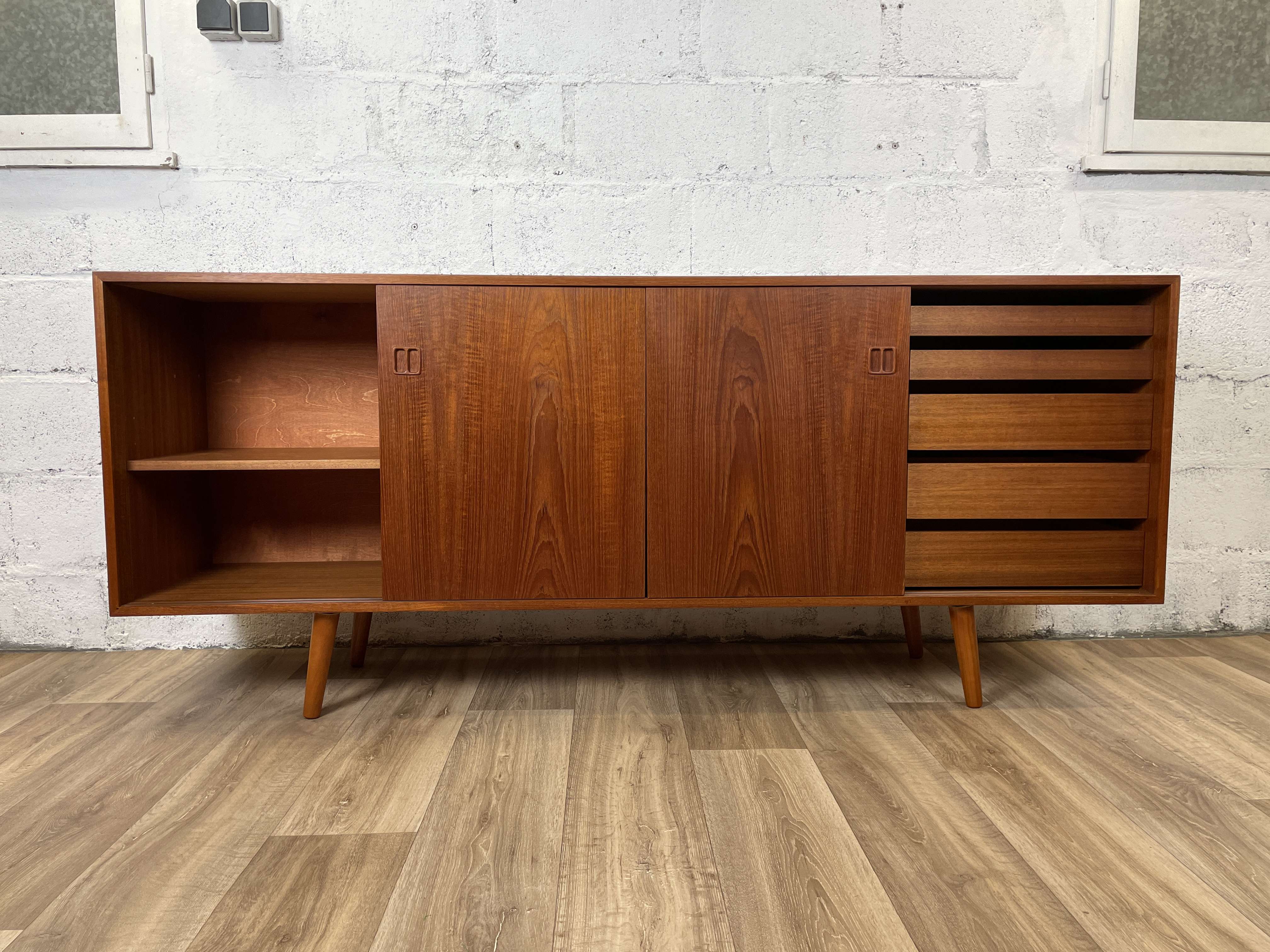 Scandinavian teak sideboard with 4 sliding doors, 60s