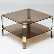Table basse Hollywood Regency en verre fumé – Construction modulaire en laiton