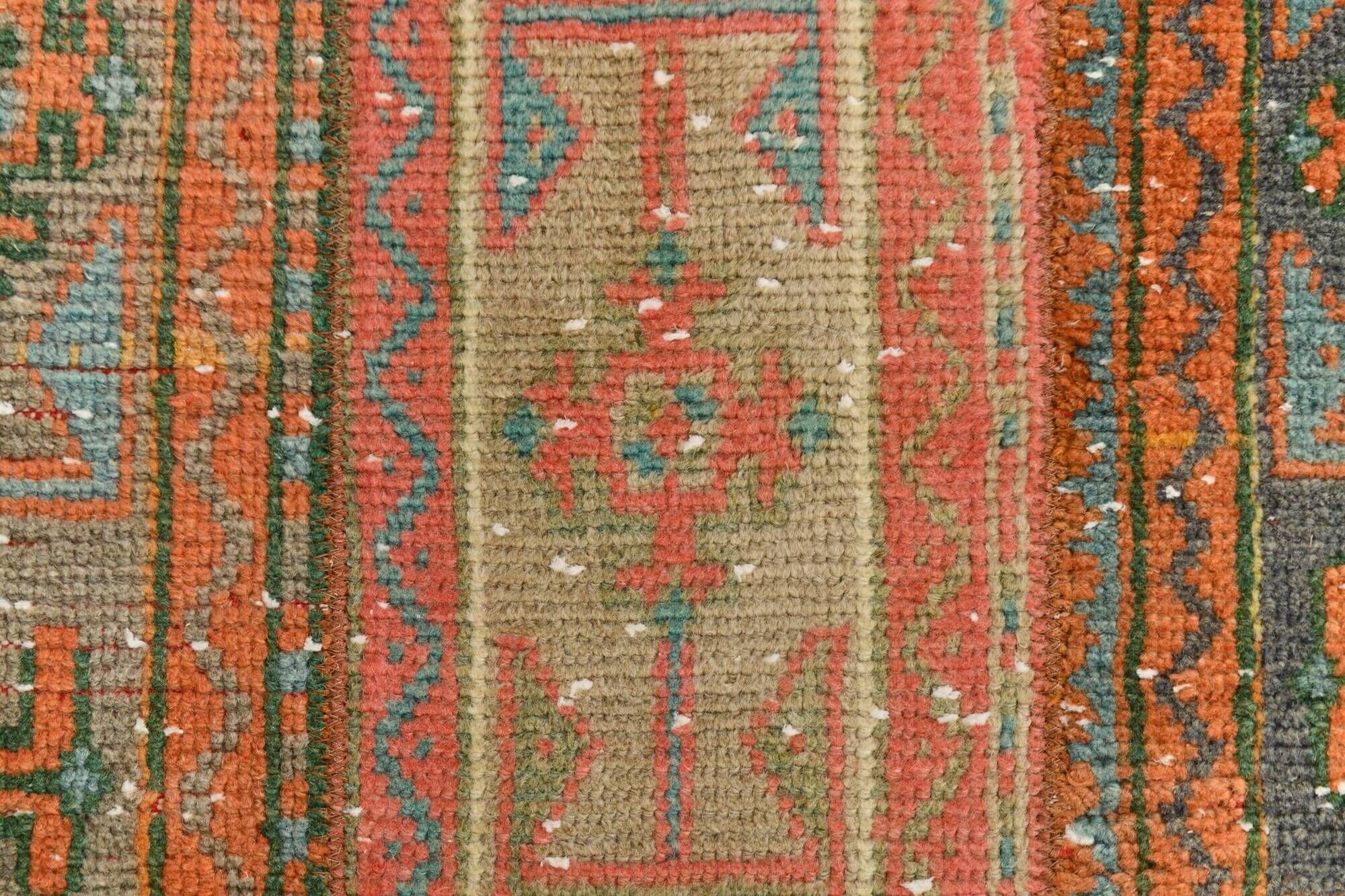 2x9 Vintage Coral Orange & Green Turkish Runner Rug, 70x275Cm