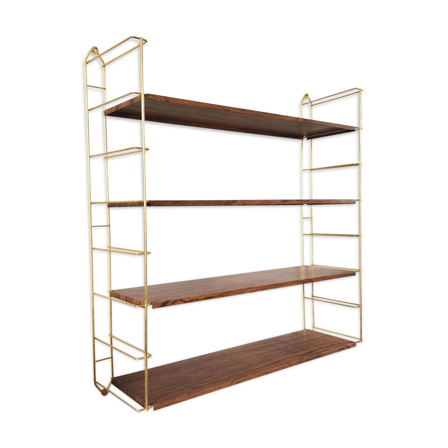Wood-coloured metal string shelf and gold double studs 1960