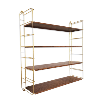 Etagère String en métal couleur bois et montants double doré 1960