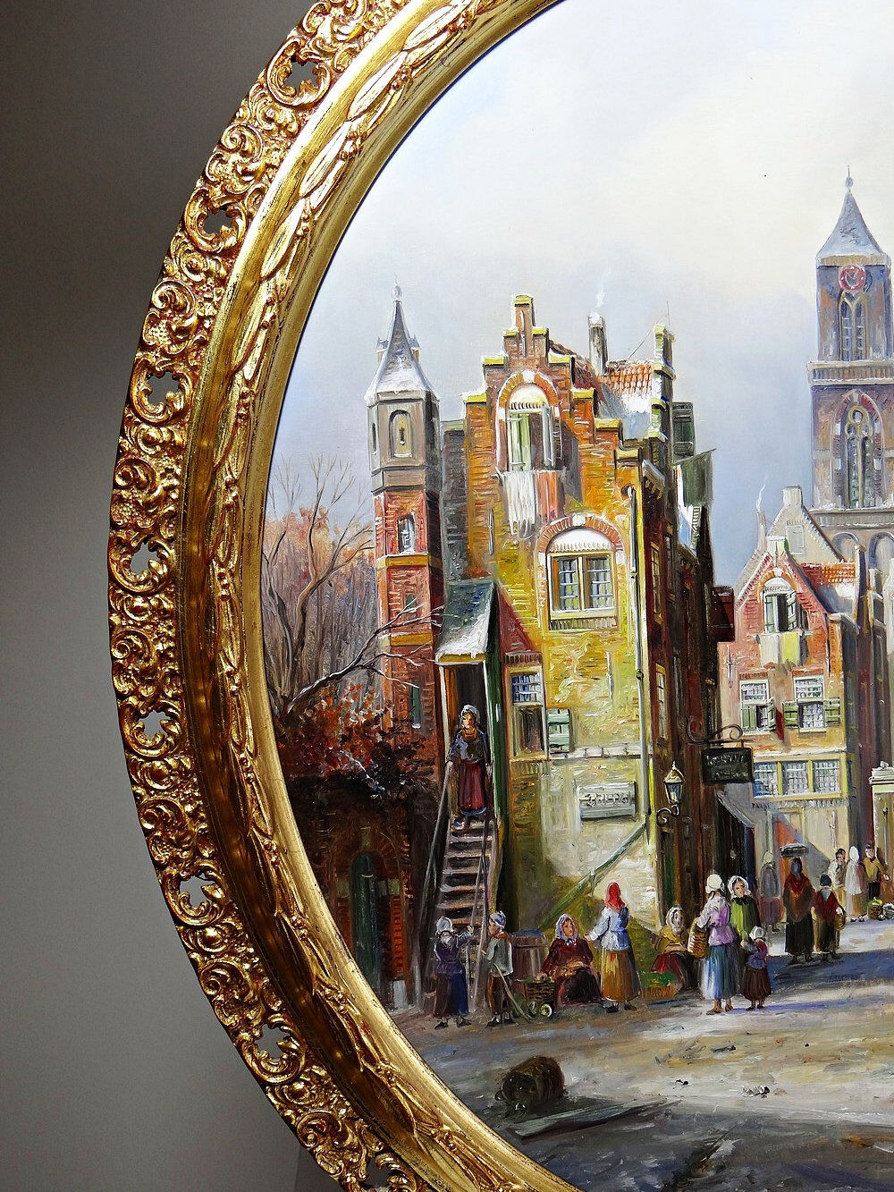 Large painting of an urban scene, oil on wood, framed, John Haanstra, vintage.