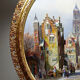 Large painting of an urban scene, oil on wood, framed, John Haanstra, vintage.