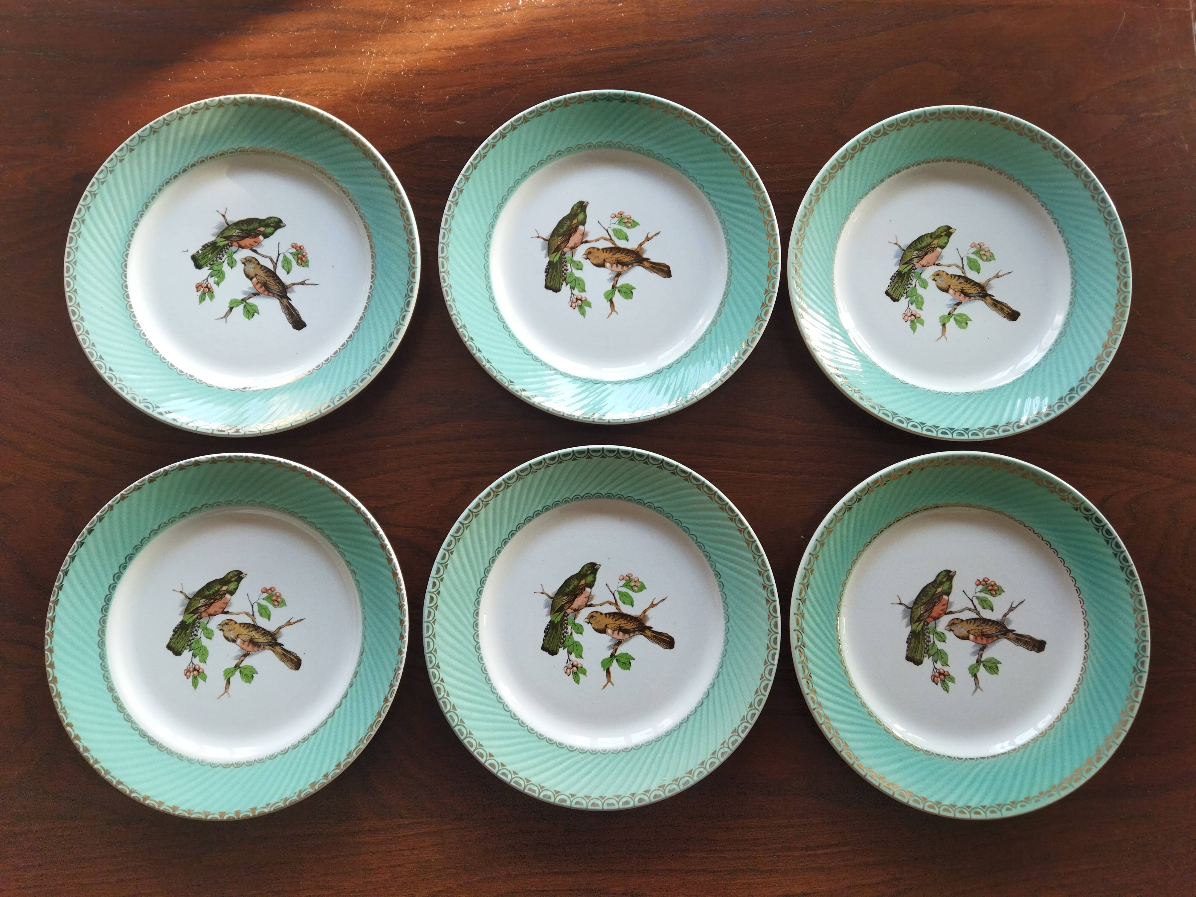 6 assiettes plates Fenal Badonviller "Oiseaux" vintage années 1950