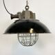 Black Enamel and Cast Iron Industrial Cage Pendant Light, 1950s