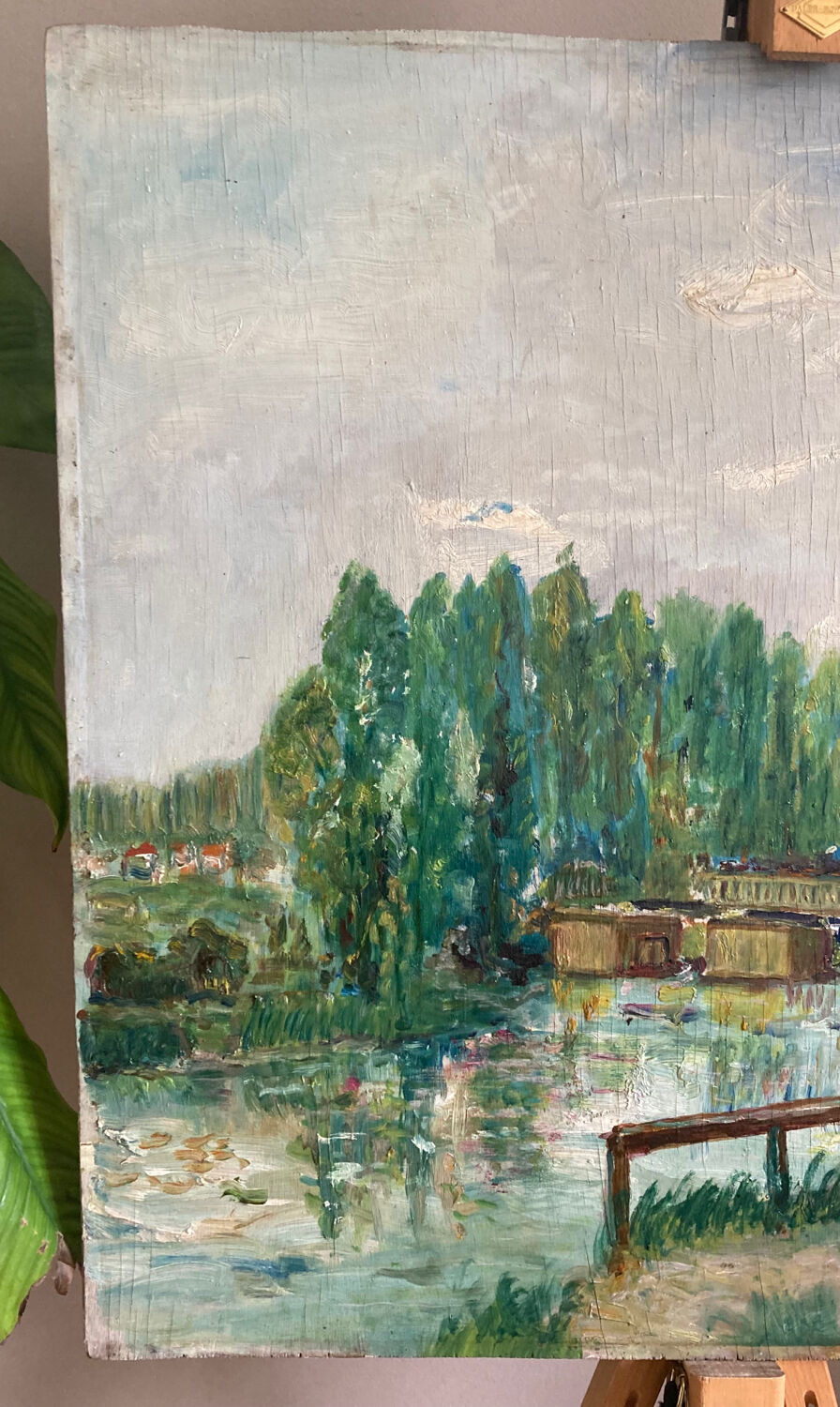 Oil painting on panel The bridge of Créteil signed H.Jaquemart nineteenth century