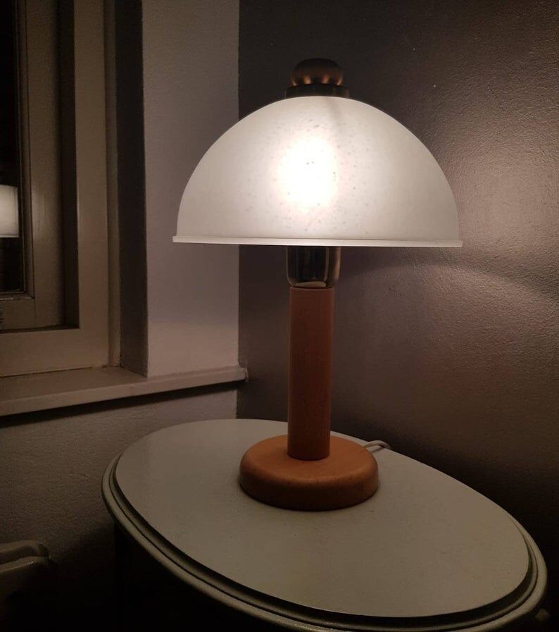 Vintage wooden table lamp with 1980 glass lampshade